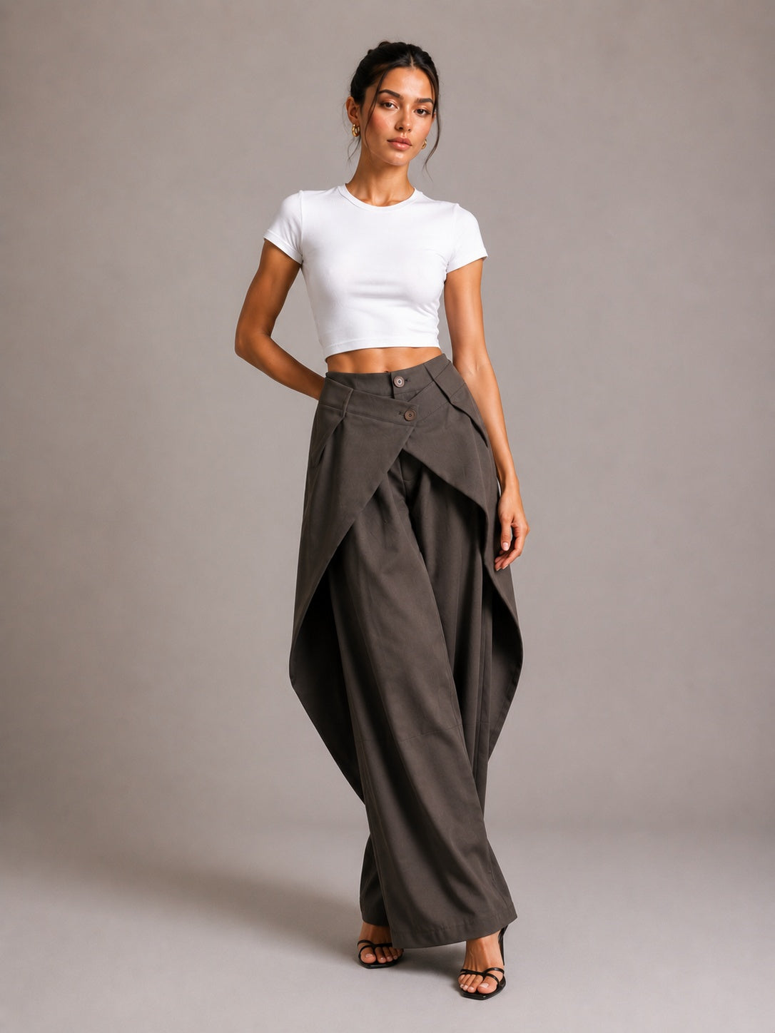 Asymmetric Cross Over Fold Waist Deconstructed Wide Leg Tailored Pants – Premium 4 | RICALOUX