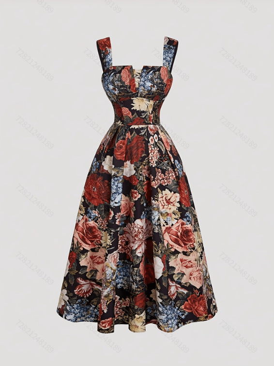Long Cable-knit Dress With Blue And White Floral Print by Ricaloux