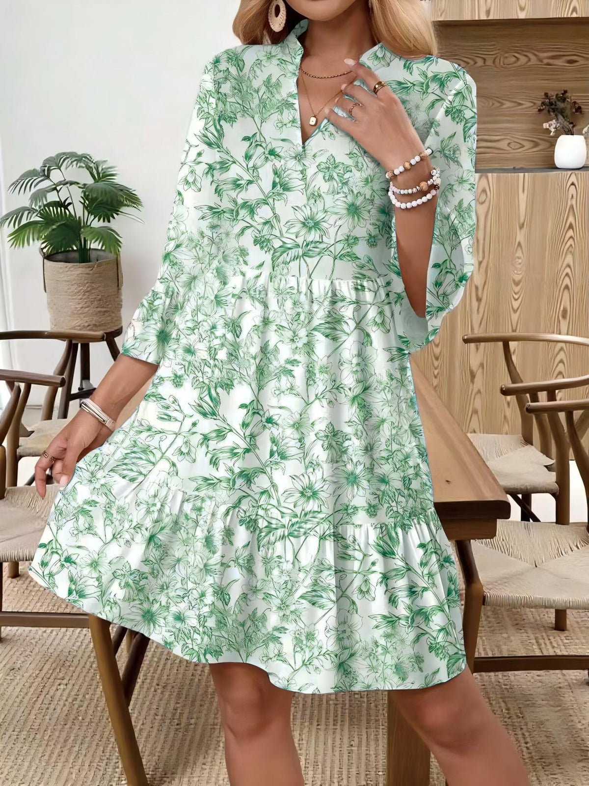 Womens V-neck Floral-print Flared-sleeve Dress by Ricaloux