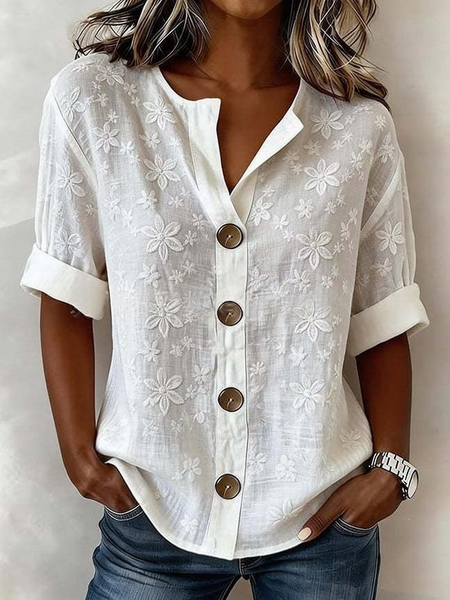 Lantern-sleeve Printed Button-up Womens Blouse by Ricaloux