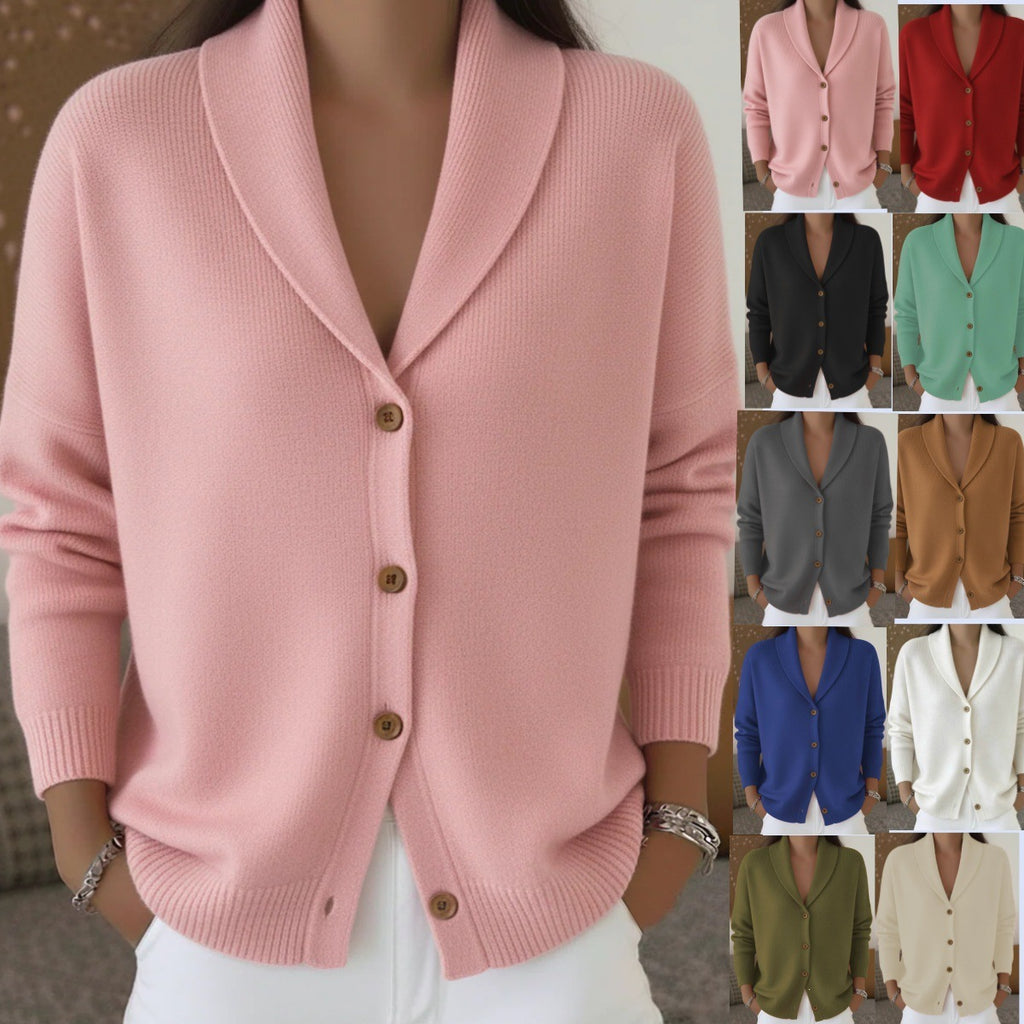 Womens Knitted Cardigan Loose-Fit Lazy Style Soft And Cozy Notch Lapel Solid Color Long-Sleeve Sweater by Ricaloux