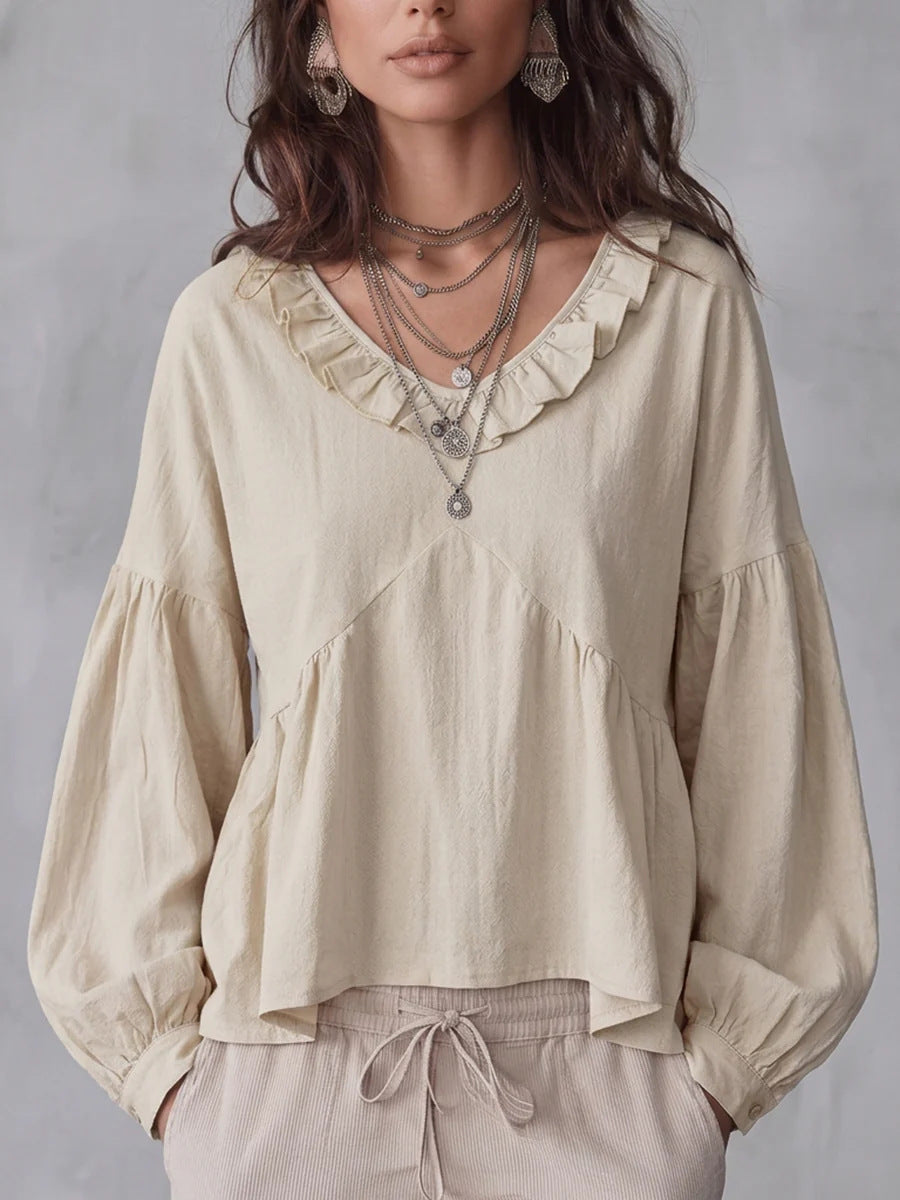 Vintage Lace-trimmed V-neck Long-sleeve Blouse – Premium 0 | RICALOUX
