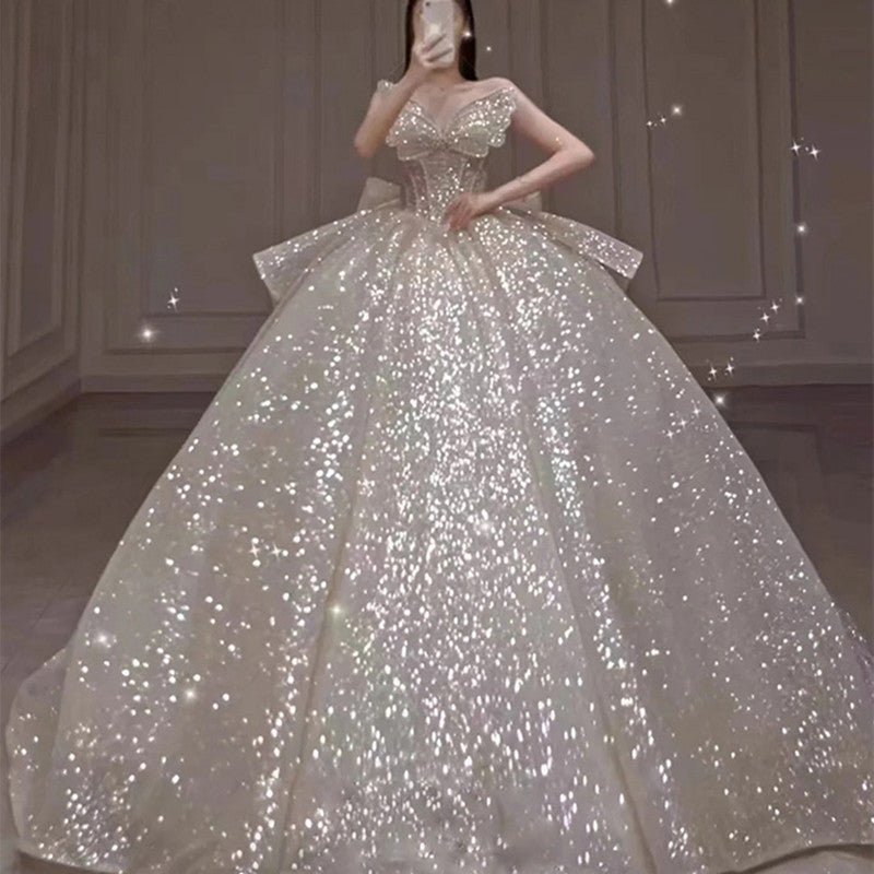 One-shoulder High-quality Long Trailing Heavy Industry Retro Wedding Dress - RICALOUX
