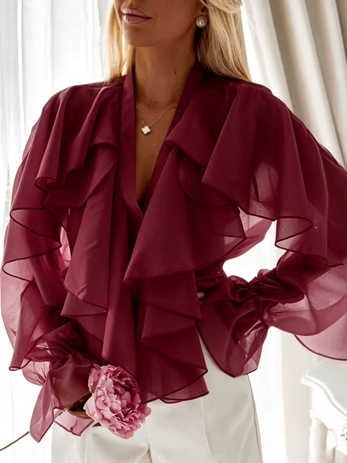 Ruffled Chiffon Blouse Womens Casual Top by Ricaloux