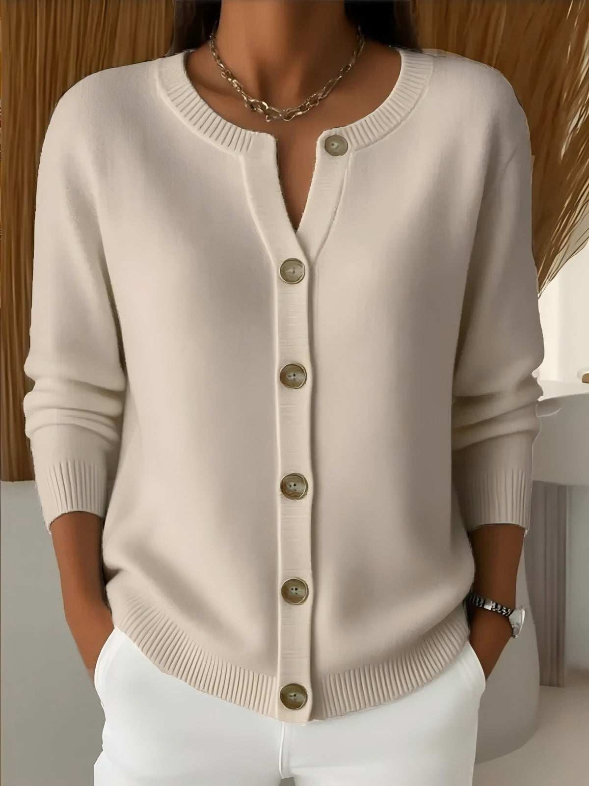 Womens Button-front Cardigan With A Round Neckline Loose-fit Knit Jacket – Premium 0 | RICALOUX