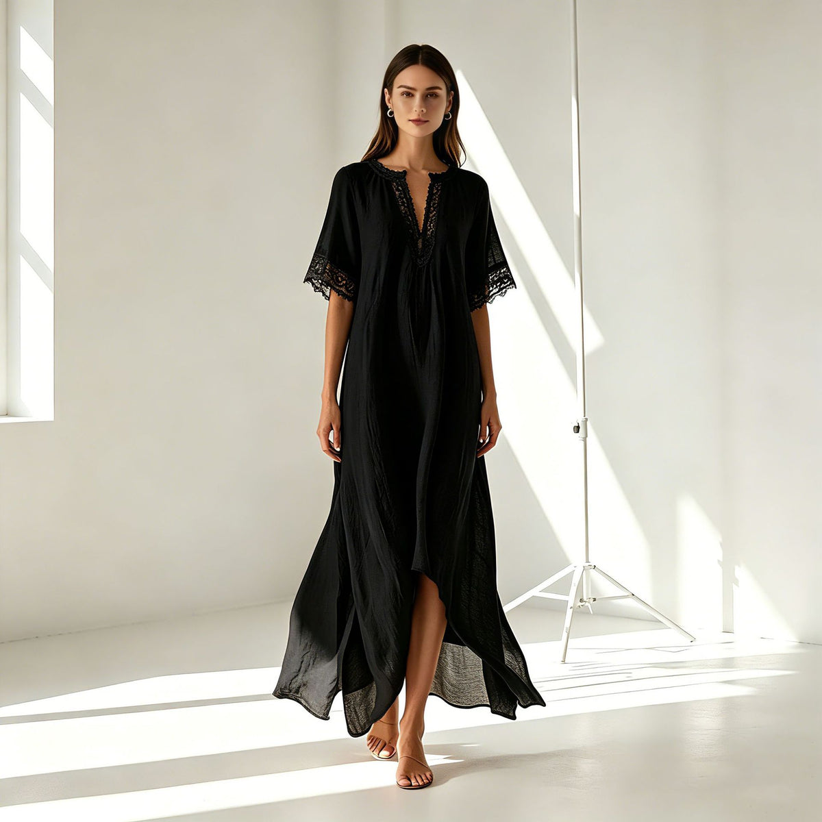 V-neck Short-sleeve Slit Bohemian Resort Dress by Ricaloux