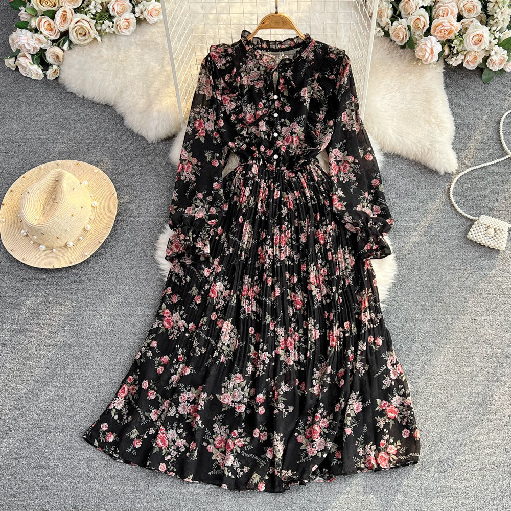 Womens Casual Round-neck Chiffon Dress With Ruffled Trim And Floral Print – Premium 0 | RICALOUX