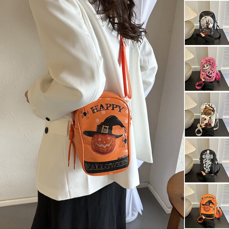 Halloween Graffiti Phone Bag Girls Funny Cartoon Pumpkin Ghost Bat Print Crossbody Bag For Women Mini Personality Creative Shoulder Bags - RICALOUX