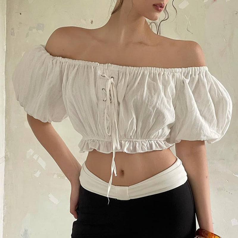 Street Girl Style One-shoulder Pleated Bubble Short-sleeved Shirt by Ricaloux
