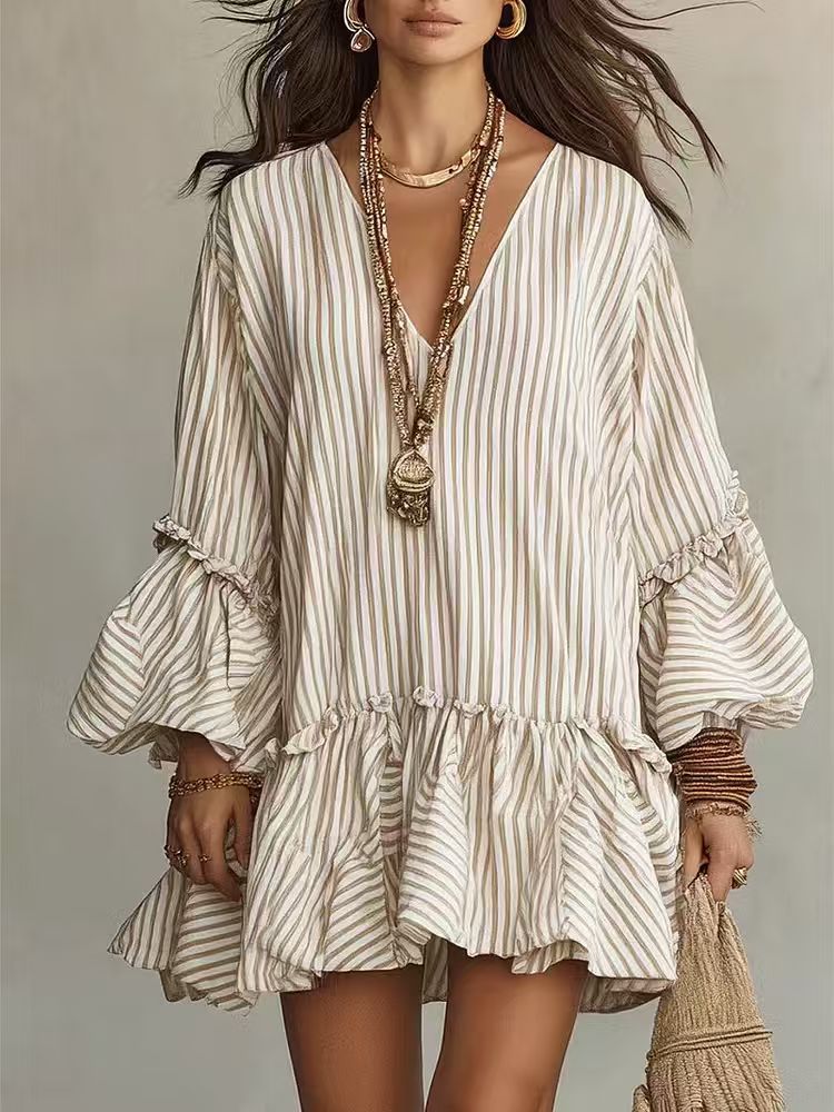 Womens Striped Print V-Neck Long-Sleeve Dress by Ricaloux