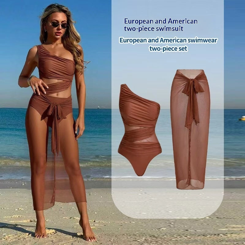 Mesh One-piece Swimsuit For Women European And American Style Tummy Covering And Figureflattering With A Wrap Skirt – Premium 0 | RICALOUX
