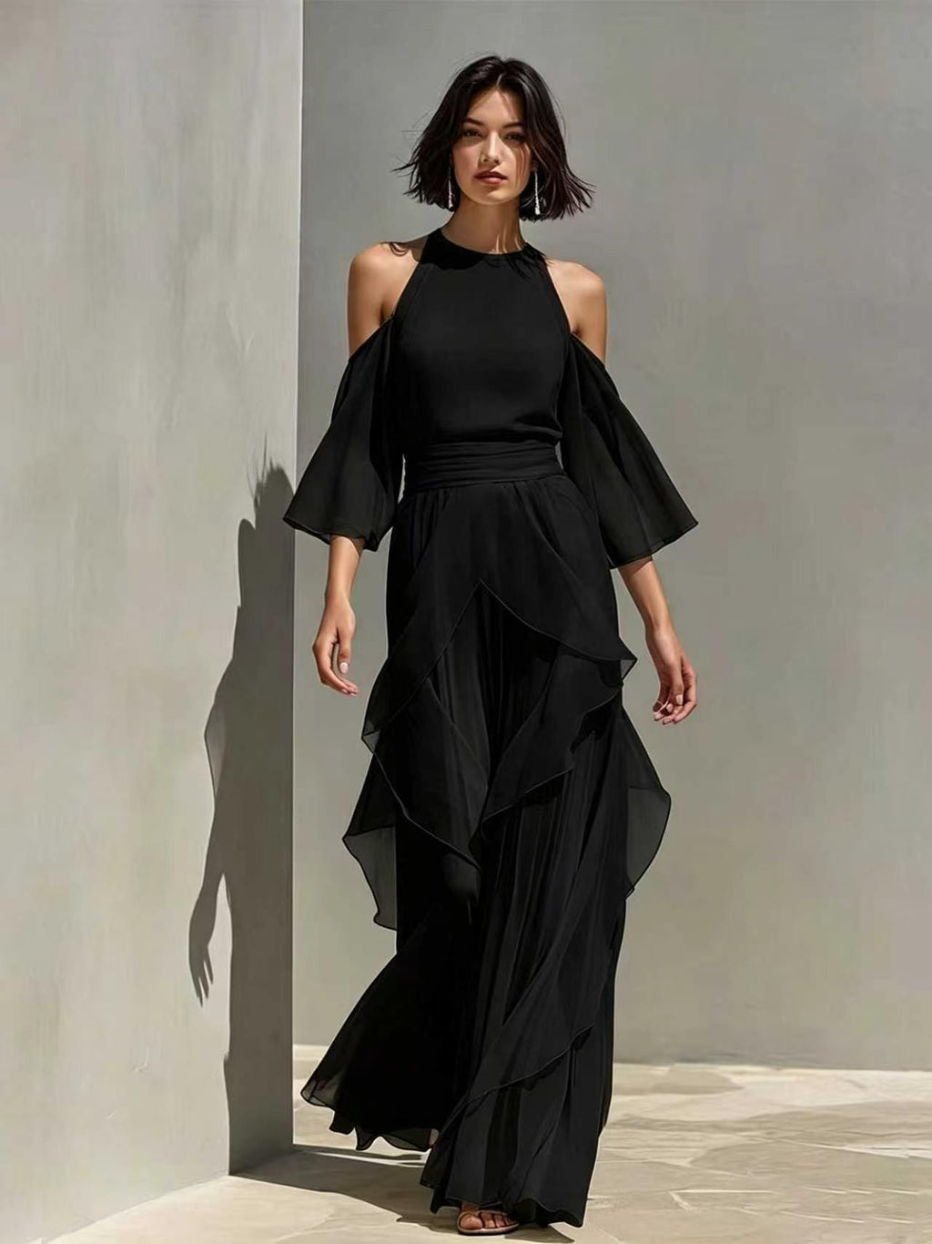 Womens Chiffon Blouse And Flare-sleeve Straight-leg Pants Set by Ricaloux