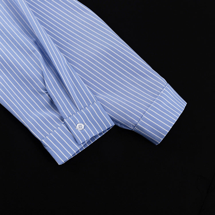 Fashionable Striped Collared Long-sleeved Shirt And Skirt Set by Ricaloux