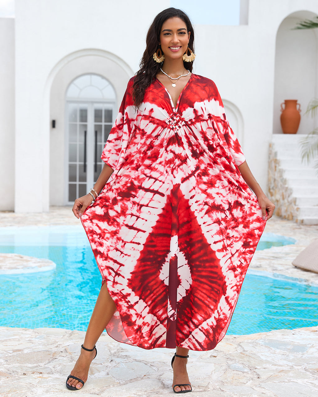 Printed Beach Cover-up Hand-knitted V-neck Plus-size Dress by Ricaloux