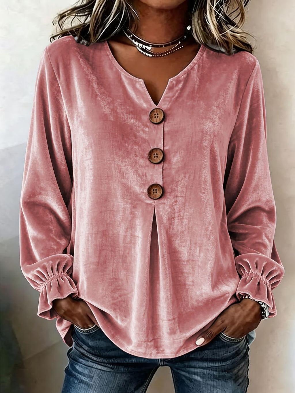 New Velvet Long Sleeve Blouse, Fashion V-Neck Button Shirt – Premium 4 | RICALOUX