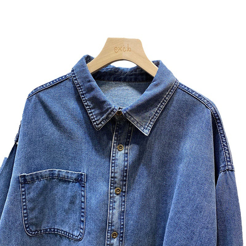 Spring And Autumn Vintage Hong Kong Style Blue Denim Shirt by Ricaloux