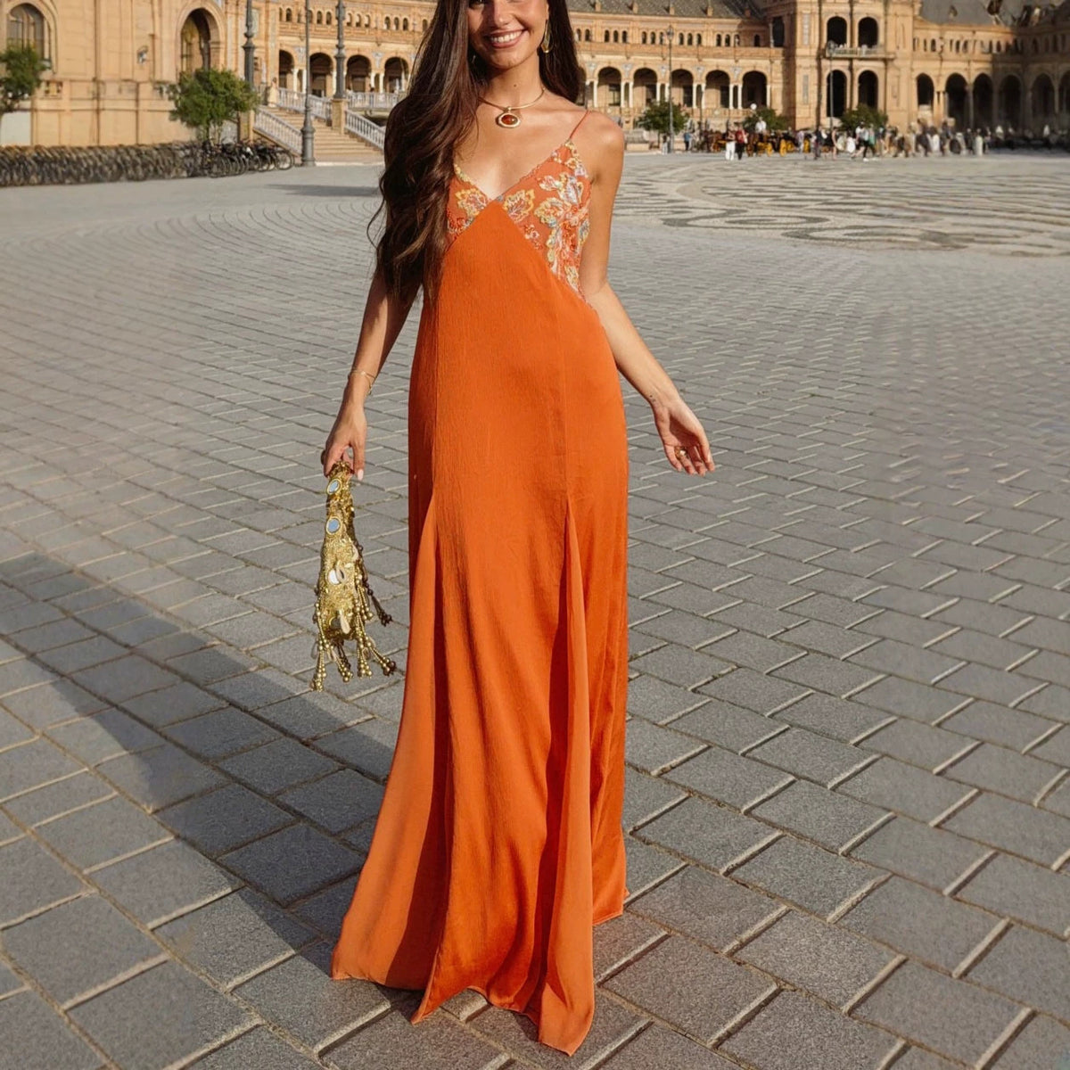 SpringSummer New Spaghetti-strap Satin Dress And Scarf Two-piece Set For Women by Ricaloux