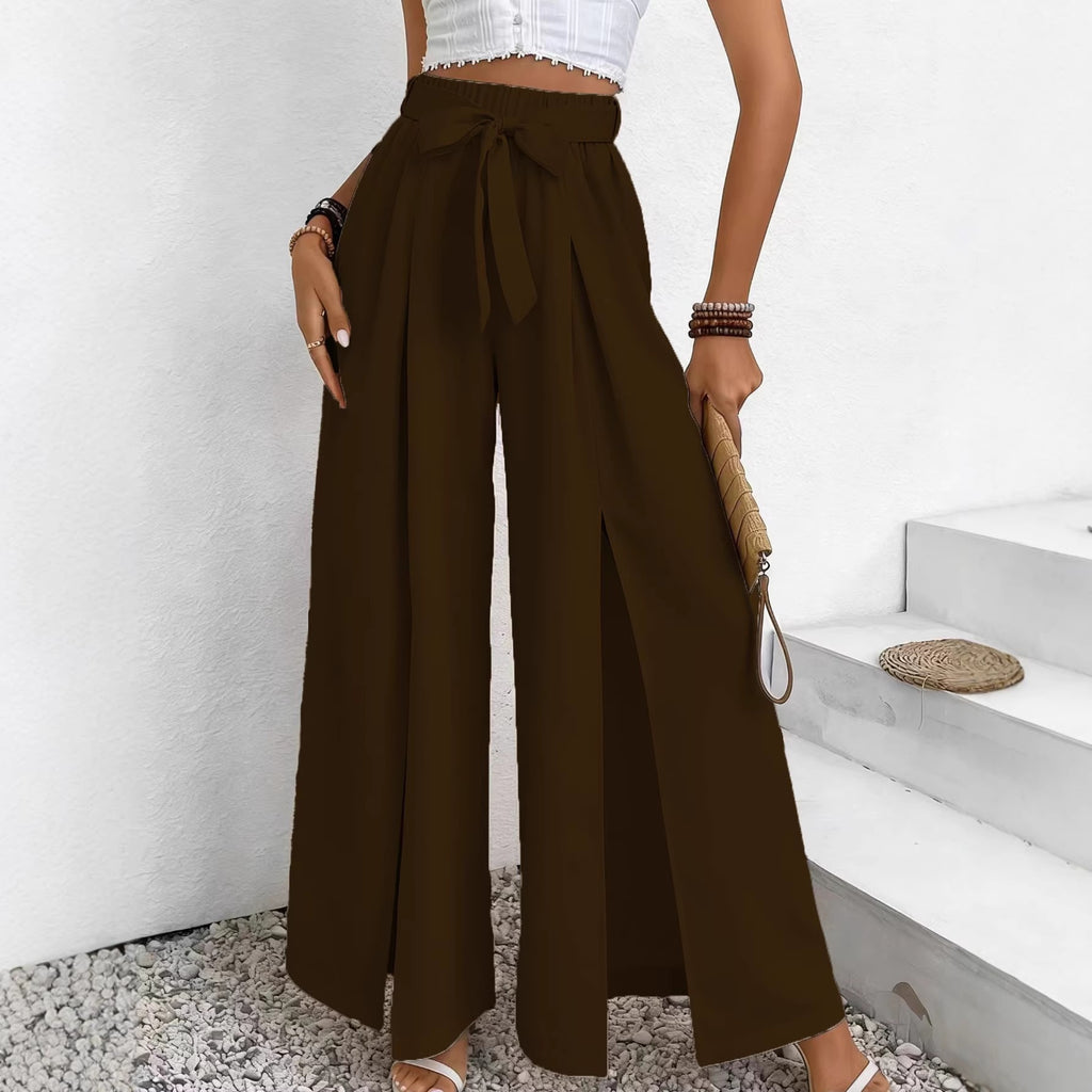 Summer New Solid-Color Casual Lace-Up Loose Womens High-Waisted Wide-Leg Long Pants – Premium 0 | RICALOUX