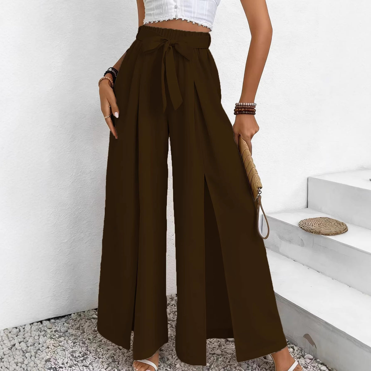 Summer New Solid-Color Casual Lace-Up Loose Womens High-Waisted Wide-Leg Long Pants – Premium 0 | RICALOUX