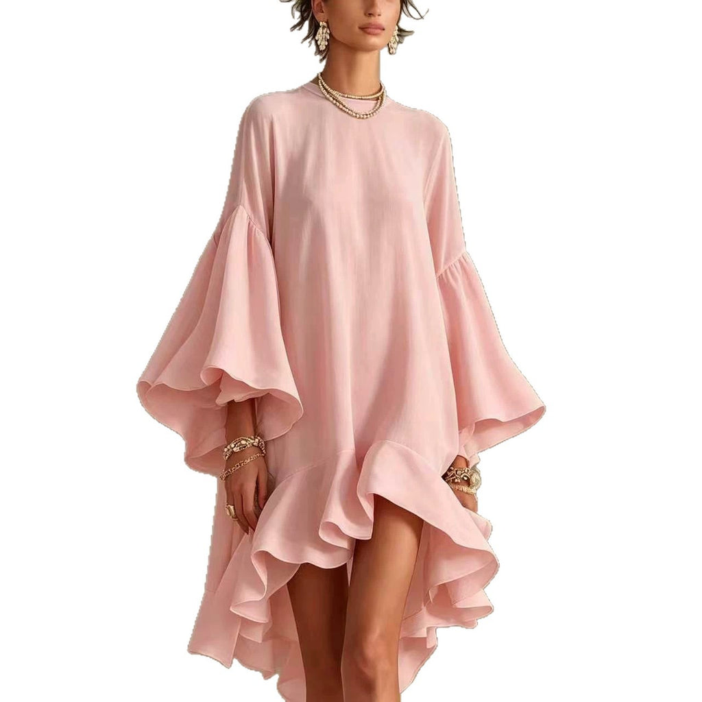 Asymmetrical Round-neck Dress With Puff Sleeves And Ruffled Trim by Ricaloux