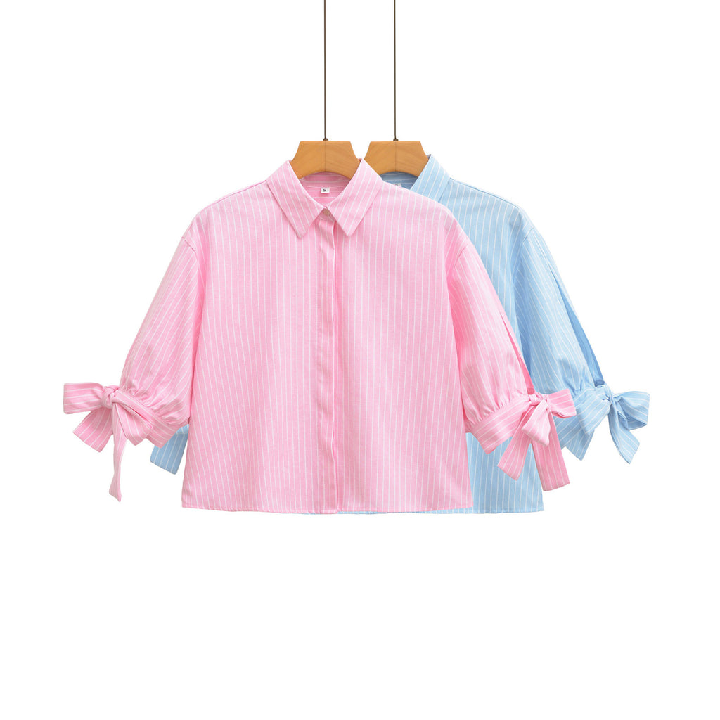 European And American-style Short Striped Blouse With A Bow Detail by Ricaloux