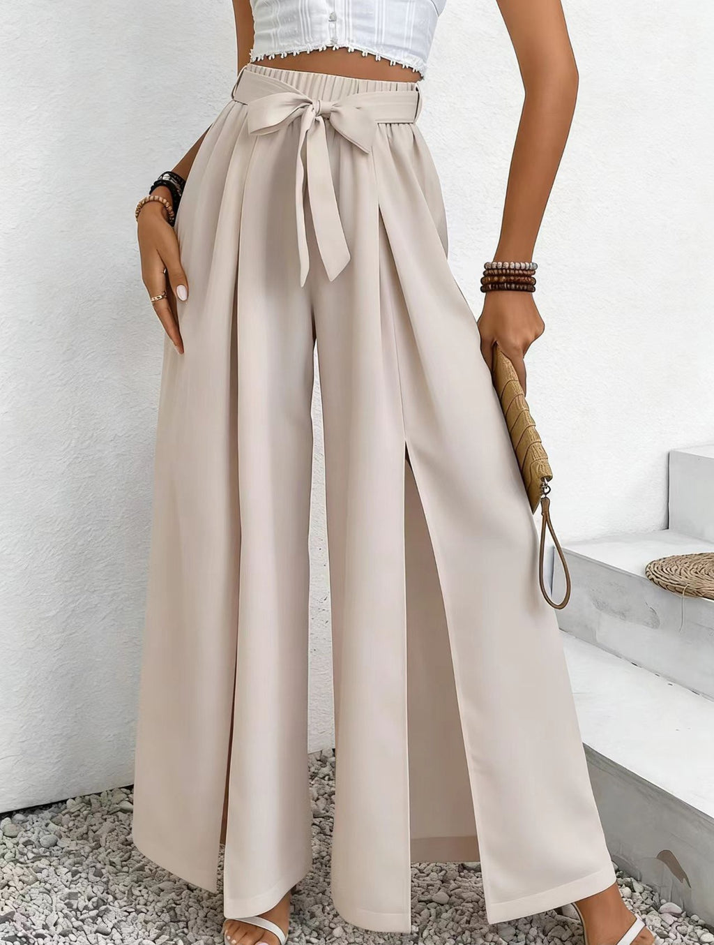 Summer New Solid-Color Casual Lace-Up Loose Womens High-Waisted Wide-Leg Long Pants by Ricaloux
