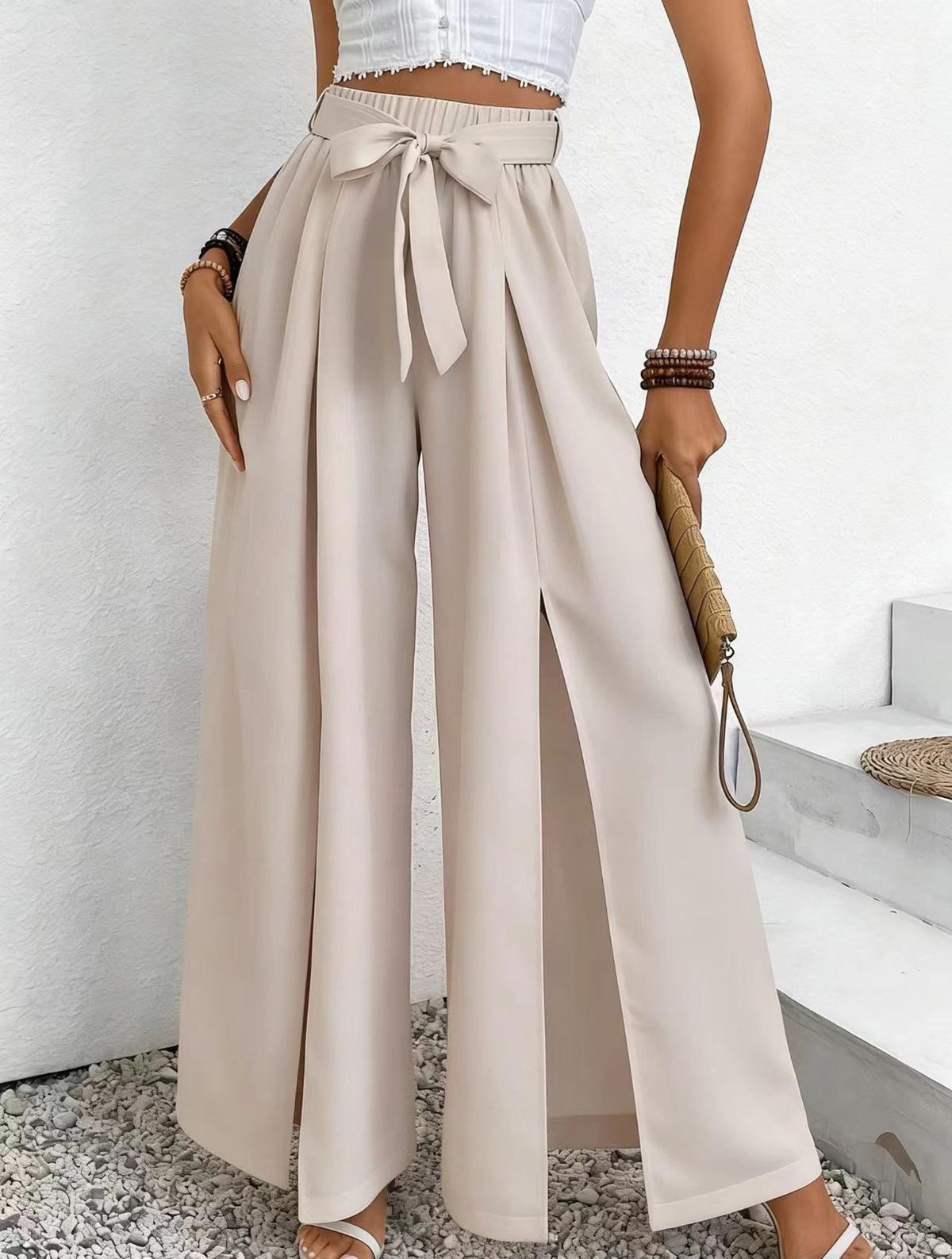 Summer New Solid-Color Casual Lace-Up Loose Womens High-Waisted Wide-Leg Long Pants by Ricaloux