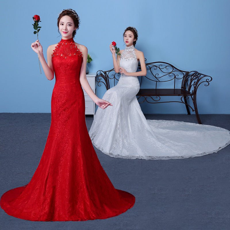 Big Red Wedding Dress Bride Large Size Waist Fishtail Wedding Dress Fishtail Tail Korean Hanging Neck - RICALOUX