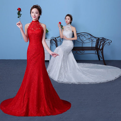 Big Red Wedding Dress Bride Large Size Waist Fishtail Wedding Dress Fishtail Tail Korean Hanging Neck - RICALOUX