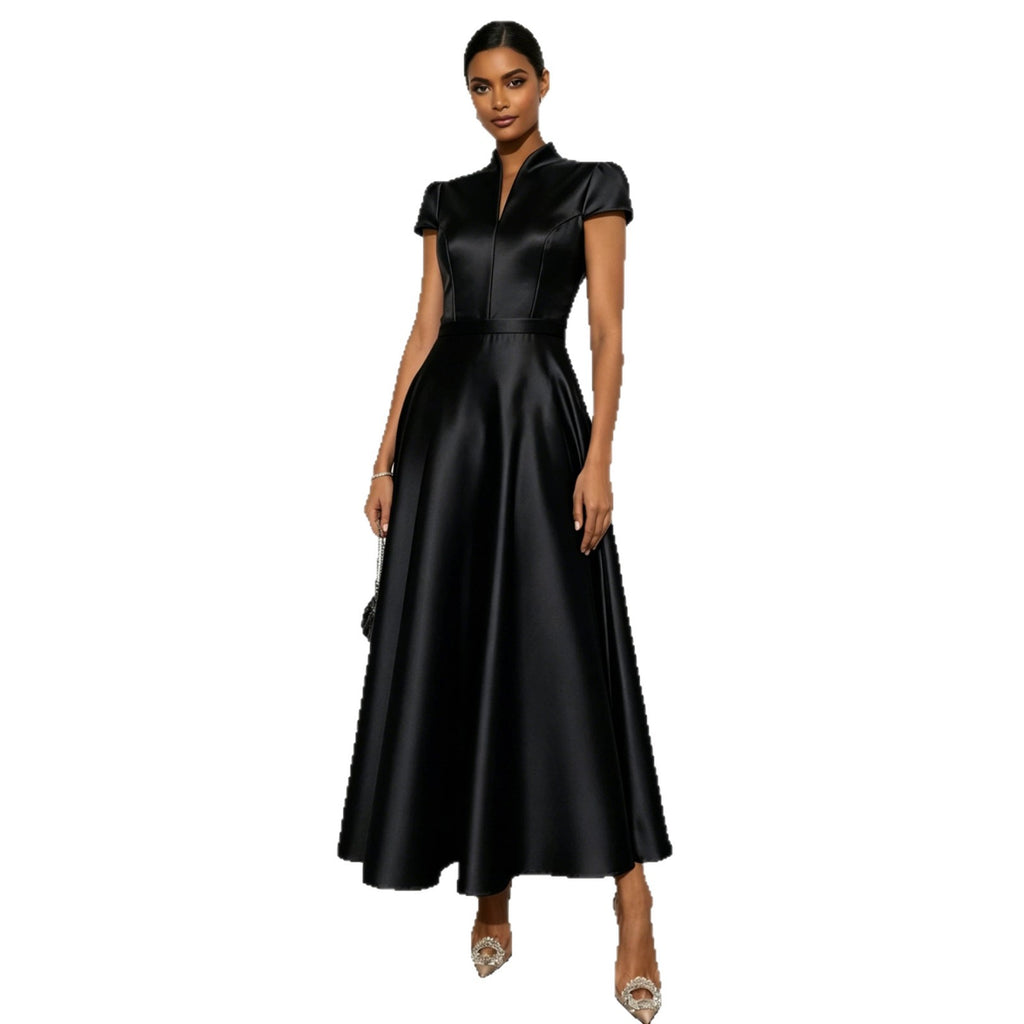 Solid-color Knitted Satin Short-sleeve Waist-cinching Swing Dress – Premium 0 | RICALOUX