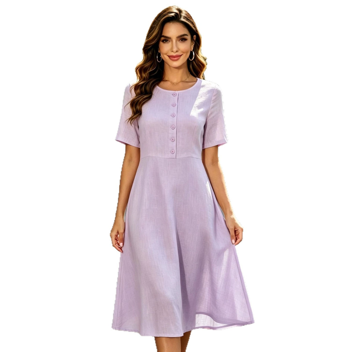 Elegant Round-neck Short-sleeve Buttoned A-line Dress With A Fitted Waist For Workwear by Ricaloux