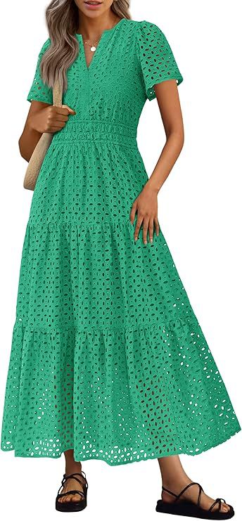 Womens Short-Sleeve V-Neck Hollow-Out Dress by Ricaloux