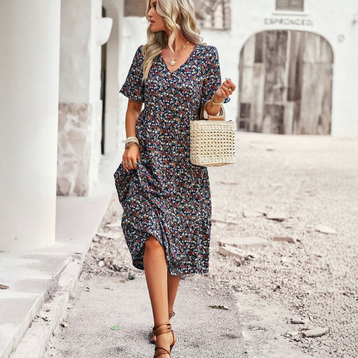 Casual Bohemian V-neck Short-sleeve Flowing Long Beach Dress by Ricaloux