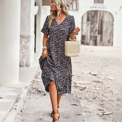 Casual Bohemian V-neck Short-sleeve Flowing Long Beach Dress by Ricaloux