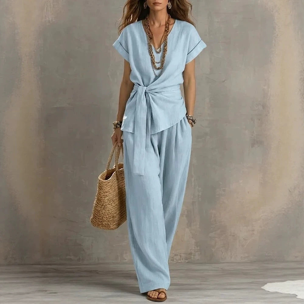 Waist-cinched V-neck Top And Solid-color Casual Pants Set – Premium 0 | RICALOUX