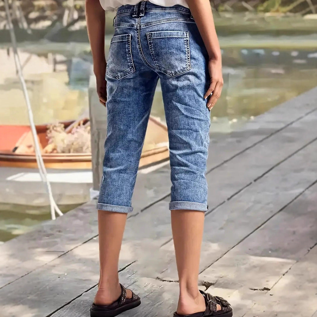 Crafted Wash Cuffed Hem Versatile Denim Mid-length Shorts by Ricaloux