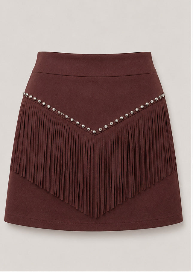 Retro Tassel-studded Faux Suede A-line Mini Skirt by Ricaloux