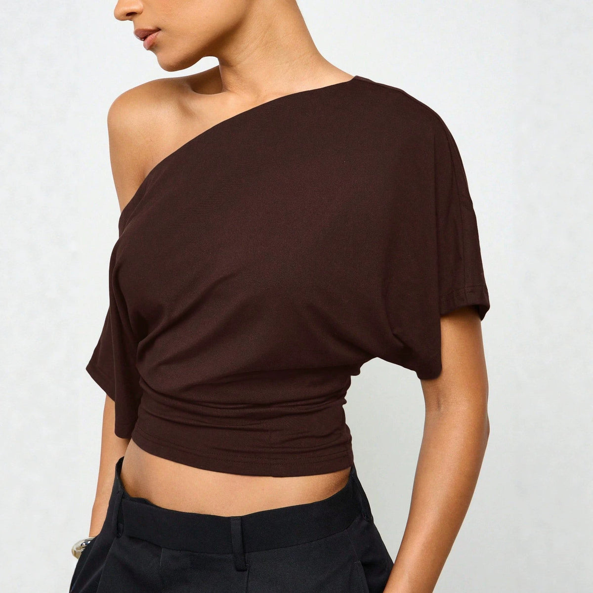 Girl-group-style Off-shoulder Batwing-sleeve Waist-cinching Short-sleeve Top by Ricaloux