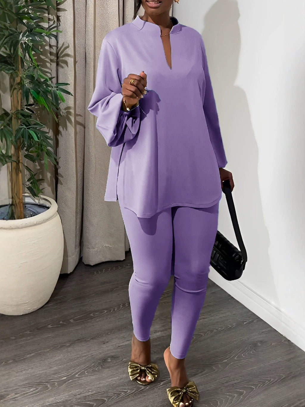 New Solid Color Split V-Neck Top & Skinny Pants Elegant Two-Piece Outfit by Ricaloux