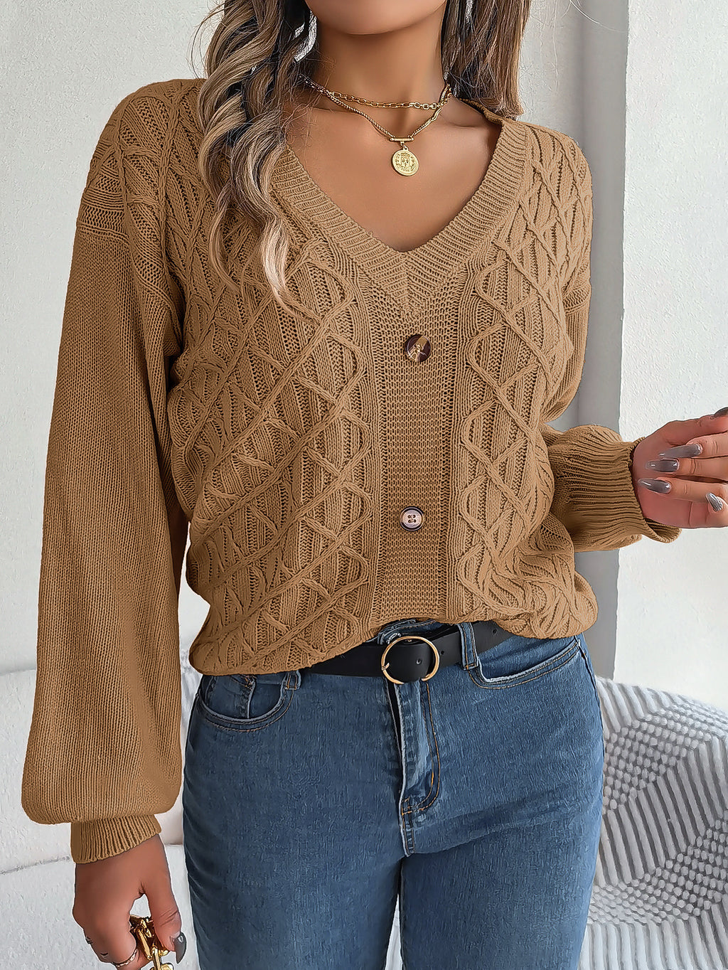 Cable-knit, Flared-sleeve Womens Casual Pullover Sweater by Ricaloux