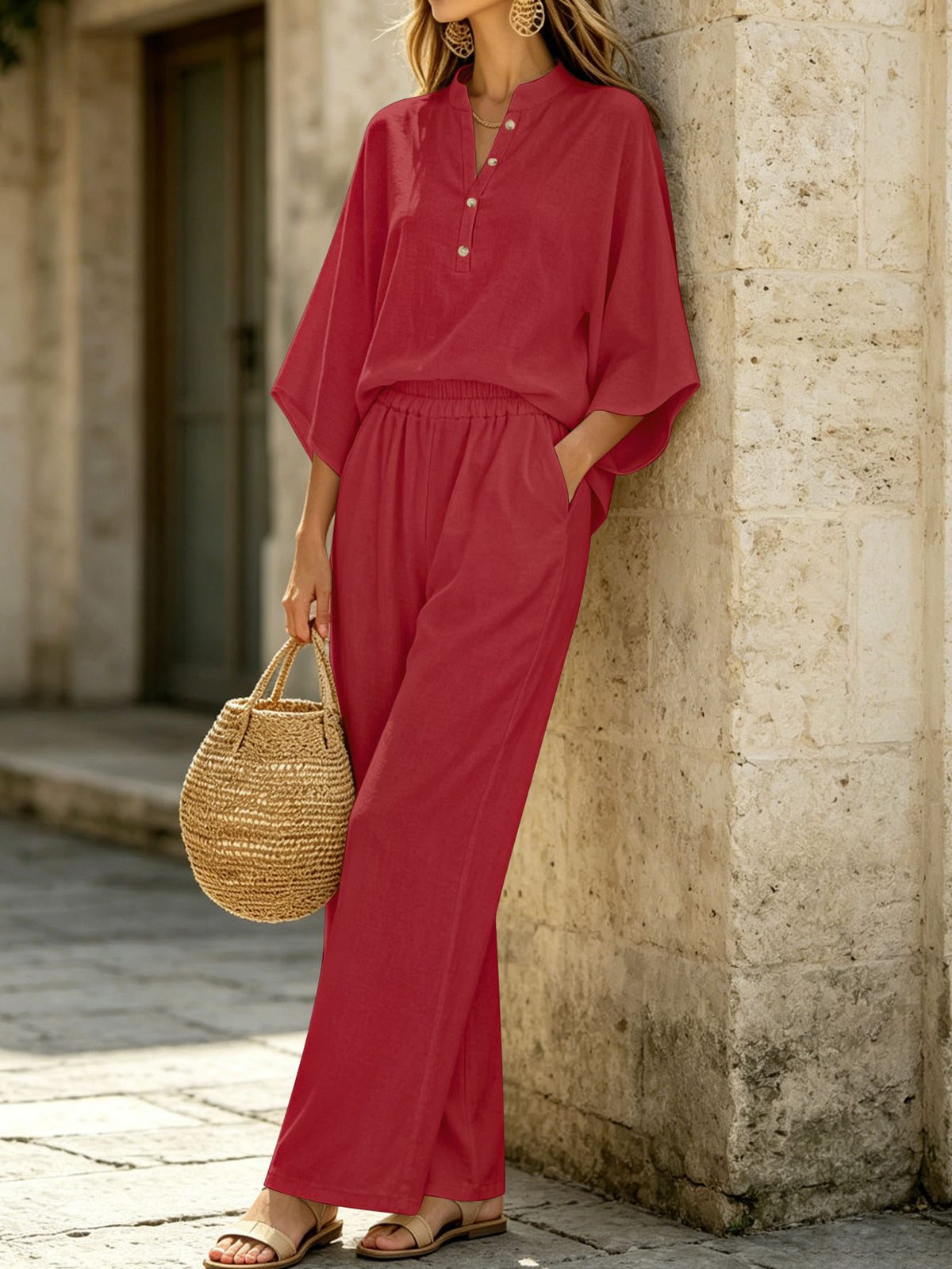 Women's Two Piece Outfit Stand Collar Half Button Batwing Sleeve Top & Wide Leg Pants Set Casual Blend Loose Tracksuit For Summer by Ricaloux