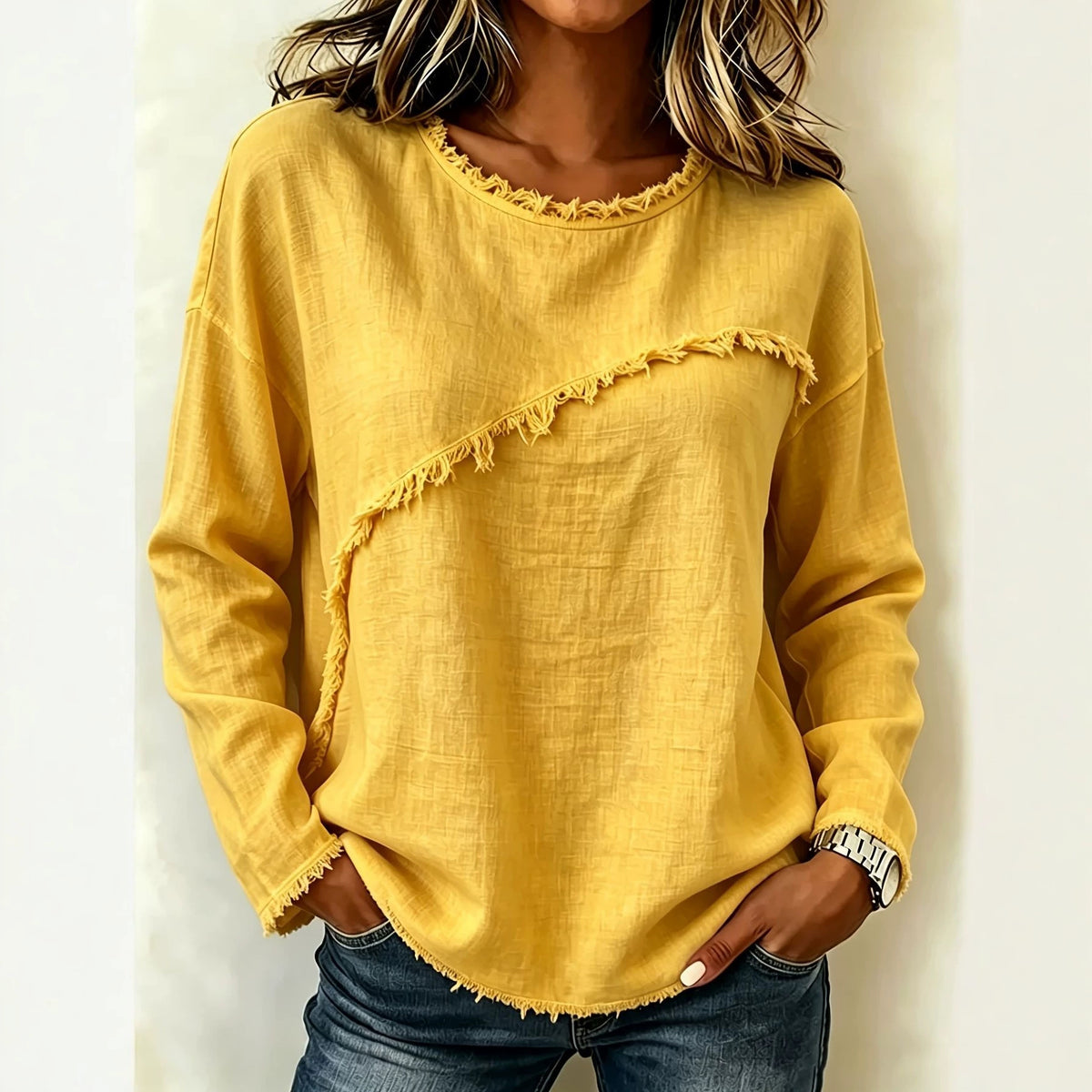 Round-neck Patchwork Lace Long-sleeve T-shirt Casual Top by Ricaloux