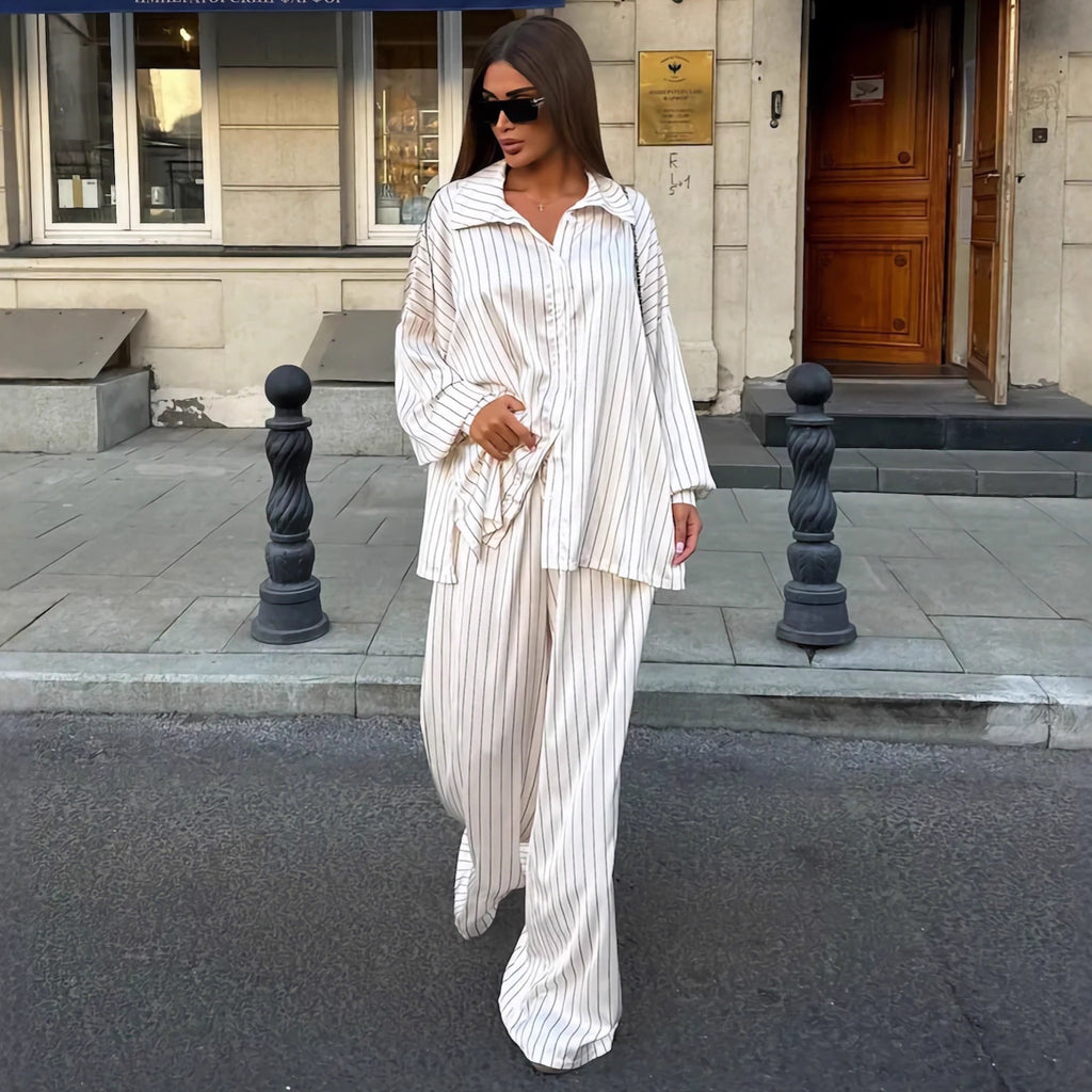 Fashionable Striped Long-sleeve Shirt Cardigan And Wide-leg Pants Two-piece Set by Ricaloux