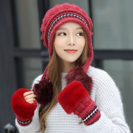 Cozy Knit Fleece-Feel Beanie With Ear Flaps & Pompom Warm Winter Hat For Women Perfect For Skiing & Outdoor Activities - RICALOUX