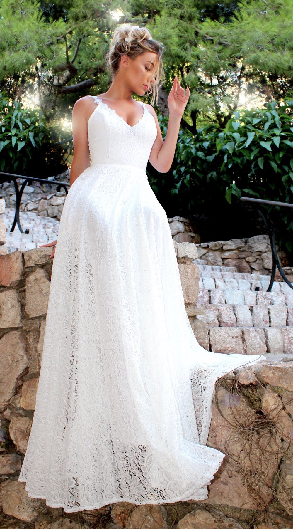 V-neck sling lace dress - RICALOUX
