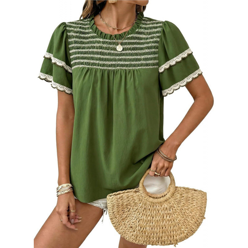 Womens Round-neck Ruffled Short-sleeve Blouse – Premium 0 | RICALOUX