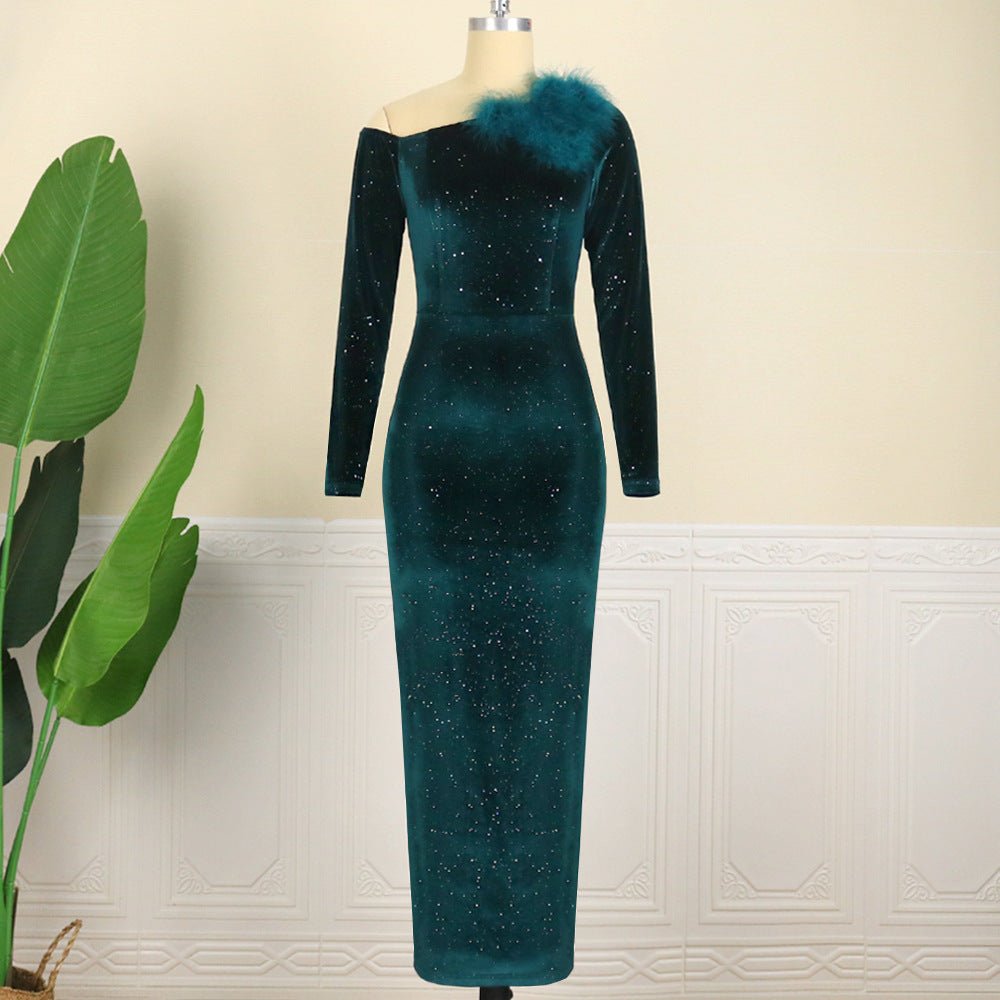One-shoulder Long-sleeved Sequin Party Banquet Dress Velvet Large Women's Dress - RICALOUX