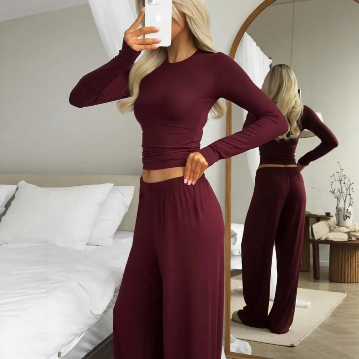 European And American-style Solid-color Long-sleeve Wide-leg Pants Set For Women by Ricaloux