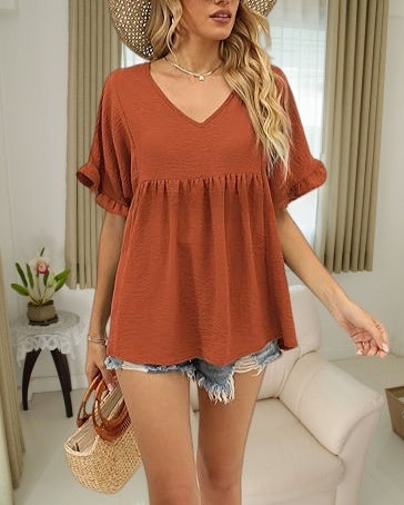 Solid-color Casual Short-sleeve Shirt For Women by Ricaloux
