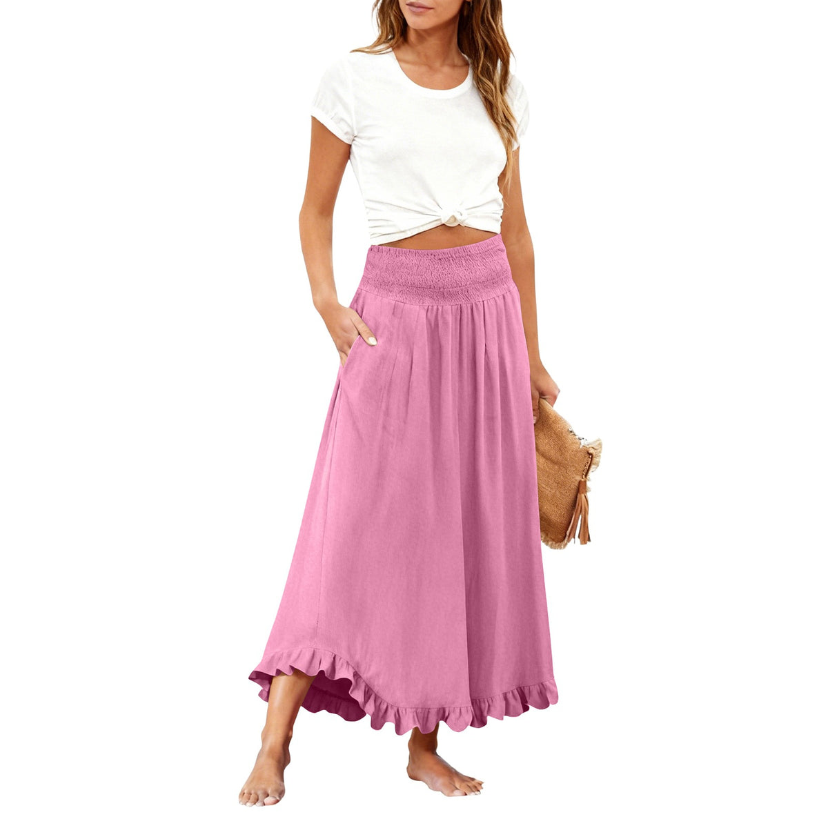 High-waisted Elastic-waist Long Skirt With Ruffled Hem by Ricaloux